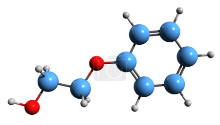 Foto de Imagen 3D de la fórmula esquelética de fenoxietanol: estructura química molecular del éter monofenílico de etilenglicol aislado sobre fondo blanco - Imagen libre de derechos