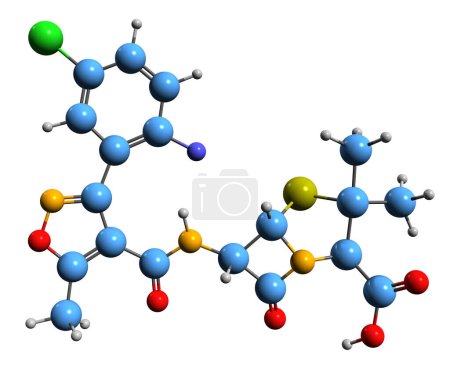 Foto de Imagen 3D de la fórmula esquelética de Flucloxacilina: estructura química molecular del antibiótico betalactámico de espectro estrecho aislado sobre fondo blanco - Imagen libre de derechos