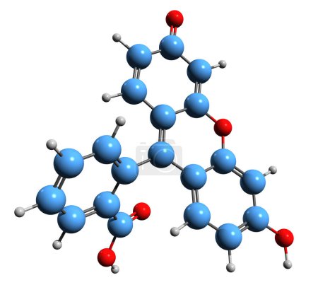 Téléchargez les photos : Image 3D de la formule squelettique de la fluorescéine - structure chimique moléculaire de la résorcinolphtaléine isolée sur fond blanc - en image libre de droit