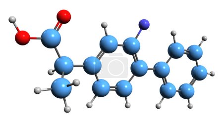 Foto de Imagen 3D de la fórmula esquelética de Flurbiprofeno: estructura química molecular de un fármaco antiinflamatorio no esteroideo aislado sobre fondo blanco - Imagen libre de derechos