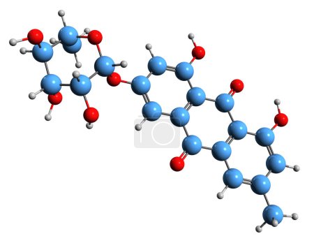 Téléchargez les photos : Image 3D de la franguline Formule squelettique - structure chimique moléculaire de l'anthraquinone phytochimique isolée sur fond blanc - en image libre de droit