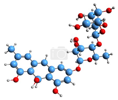 Foto de Imagen 3D de la fórmula esquelética frangularósido - estructura química molecular del glucósido antrónico aislado sobre fondo blanco - Imagen libre de derechos