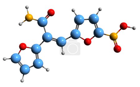 Téléchargez les photos : Image 3D de la formule squelettique furylfuramide - structure chimique moléculaire du dérivé nitrofurane synthétique isolé sur fond blanc - en image libre de droit