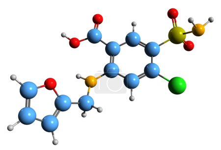 Téléchargez les photos : Image 3D de la formule squelettique du furosémide - structure chimique moléculaire du médicament diurétique de l'anse isolé sur fond blanc - en image libre de droit