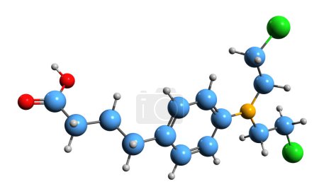 Foto de Imagen 3D de la fórmula esquelética de Clorambucil: estructura química molecular de la medicación de quimioterapia aislada sobre fondo blanco - Imagen libre de derechos