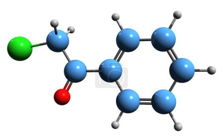 Téléchargez les photos : Image 3D de la formule squelettique du chlorure de phénacyle - structure chimique moléculaire de la 2-chloro-1-phényléthane-1-one isolée sur fond blanc - en image libre de droit