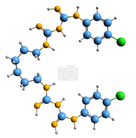 Téléchargez les photos : Image 3D de la formule squelettique de la chlorhexidine - structure chimique moléculaire du CHX isolé sur fond blanc - en image libre de droit