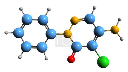 Téléchargez les photos : Image 3D de la formule squelettique du chloridazon - structure chimique moléculaire du contaminant environnemental isolé sur fond blanc - en image libre de droit
