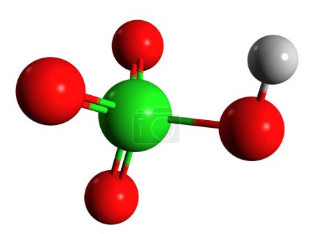 Image 3D de la formule squelettique de l'acide perchlorique - structure chimique moléculaire de l'acide hyperchlorique isolé sur fond blanc