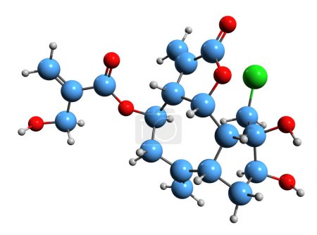 Téléchargez les photos : Image 3D de la formule squelettique chlorojanérine - structure chimique moléculaire de la lactone séquiterpénique isolée sur fond blanc - en image libre de droit