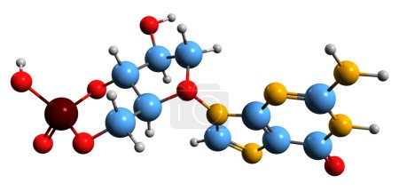  Imagen 3D de la fórmula esquelética monofosfato de guanosina cíclica - estructura química molecular del segundo cGMP mensajero aislado sobre fondo blanco