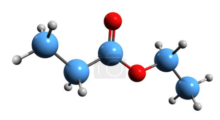 Téléchargez les photos : Image 3D de la formule squelettique du propionate d'éthyle - structure chimique moléculaire de l'ester éthylique de l'acide propanoïque isolé sur fond blanc - en image libre de droit