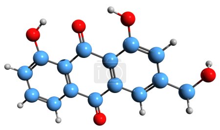 Foto de Imagen 3D de la fórmula esquelética de Aloe-emodin: estructura química molecular de un derivado natural de la antraquinona aislado sobre fondo blanco - Imagen libre de derechos