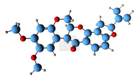 Foto de Imagen 3D de la fórmula esquelética de Rotenone - estructura química molecular de insecticida de amplio espectro aislado sobre fondo blanco - Imagen libre de derechos