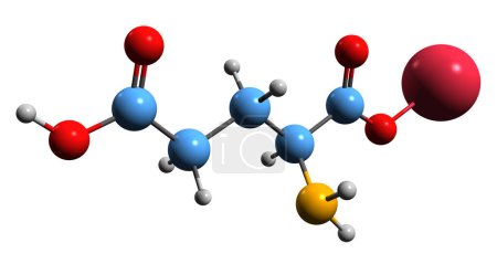 Foto de Imagen 3D de la fórmula esquelética de glutamato monosódico - estructura química molecular del potenciador de sabor aislado sobre fondo blanco - Imagen libre de derechos