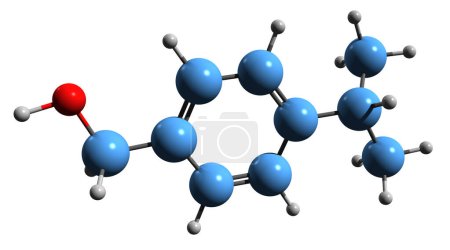 Foto de Imagen 3D de la fórmula esquelética de alcohol 4-isopropilbencílico - estructura química molecular del monoterpenoide de p-mentano aislado sobre fondo blanco - Imagen libre de derechos