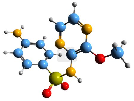 Photo for 3D image of Sulfamethoxypyrazine skeletal formula - molecular chemical structure of  long-acting sulfonamide antibiotic isolated on white background - Royalty Free Image