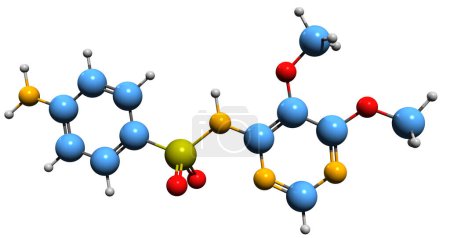 Foto de Imagen 3D de la fórmula esquelética de Sulfadoxina: estructura química molecular de la sulfonamida aislada sobre fondo blanco - Imagen libre de derechos