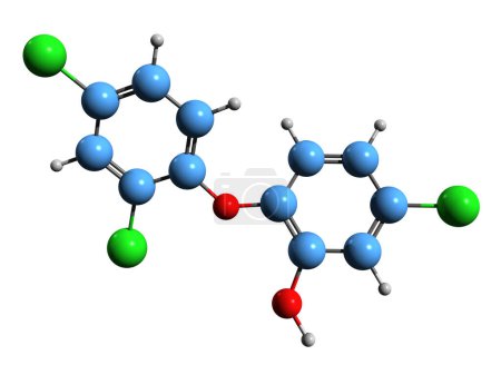 Foto de Imagen 3D de la fórmula esquelética de Triclosan: estructura química molecular del agente antibacteriano y antifúngico TCS aislado sobre fondo blanco - Imagen libre de derechos