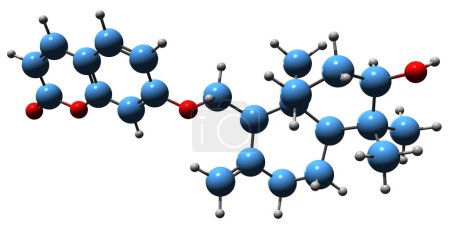 Foto de Imagen 3D de Farnesiferol Una fórmula esquelética - estructura química molecular de la cumarina Mogoltadina aislada sobre fondo blanco - Imagen libre de derechos
