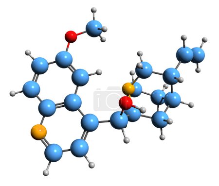Foto de Imagen 3D de la fórmula esquelética de quinina - estructura química molecular del fármaco antipalúdico aislado sobre fondo blanco - Imagen libre de derechos