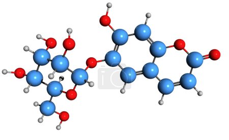 Téléchargez les photos : Image 3D de la formule squelettique de l'esculine - structure chimique moléculaire du glucoside de coumarine isolé sur fond blanc - en image libre de droit