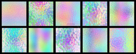 Photo for Set of unicorn holographic light crystal patterns textures - iridescent rainbow hologram glass material background - Royalty Free Image