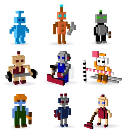 Illustration for Set of vector little professional robots  - vector voxel automaton elements collection - Royalty Free Image