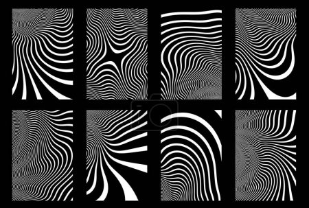 Téléchargez les illustrations : Set of Opart Black and White Patterns - Vector Zebra Striped Wavy Backgrounds - en licence libre de droit