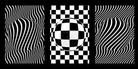 Téléchargez les illustrations : Set of Opart Black and White Patterns - Vector Lens Striped Wavy Backgrounds - en licence libre de droit