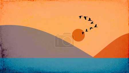 Illustration for Vector Evening Fjord Hill Landscape Illustration -  View with Hills, Sunset and Fjord Shore - Flat Design - Royalty Free Image