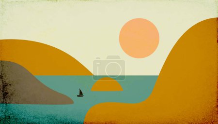 Illustration for Vector Fjord Hill Landscape Illustration -  View with Hills, Fjord  and Sailboat  - Flat Design - Royalty Free Image