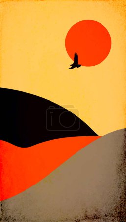 Téléchargez les illustrations : Illustration du paysage de Vector Sultry Desert Hill - Vue avec les dunes du désert et l'aigle - en licence libre de droit