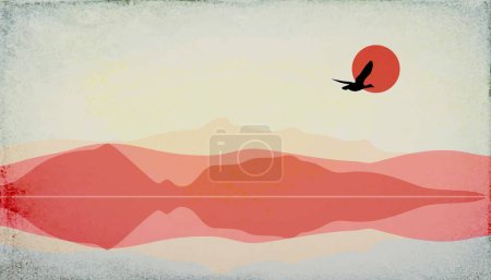 Illustration for Vector Evening Fjord Hill Landscape Illustration -  View with Hills, Fjord, Sun and Bird - Flat Design - Royalty Free Image