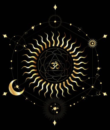 Illustration for Gold Ohm spirit art  - visualization of sacred geometry vector templates - vector concept of esoteric art - Royalty Free Image