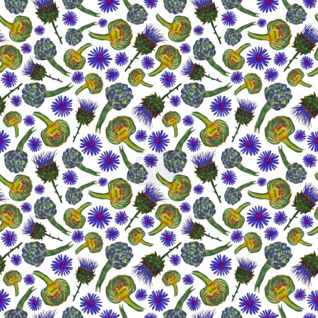 Téléchargez les photos : Artichauts en fleurs avec des fleurs d'aster violet sur fond blanc. Grille motif sans couture dessiné à la main. Modèle de nourriture et de fleurs - en image libre de droit