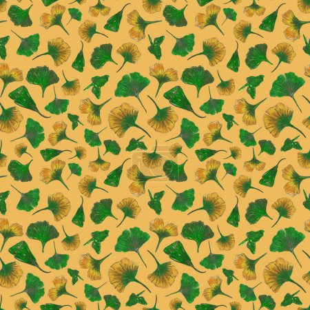 Photo for Gingko Leaves and fruits on orange background. Raster seamless background. Orange and yellow Gingko leaves. Nature seamless background - Royalty Free Image