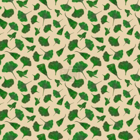 Photo for Gingko Leaves on orange background. Raster seamless background. Green Gingko leaves, different shapes. Nature seamless background - Royalty Free Image