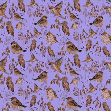 Téléchargez les photos : Petits pics mignons oiseaux avec des graines et du blé sur fond violet. Modèle sans couture raster avec des éléments dessinés à la main - en image libre de droit