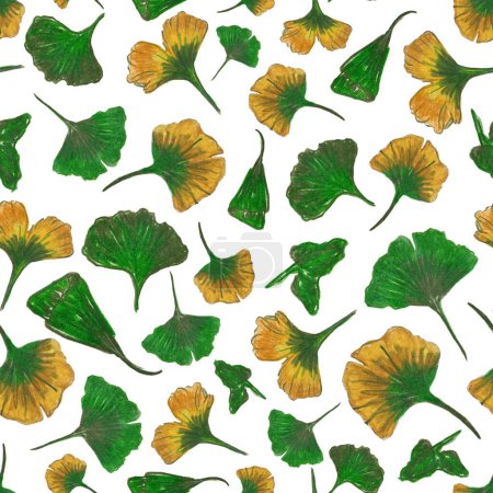Photo for Beautiful Gingko Leaves on white background. Raster seamless background. Orange and yellow Gingko leaves. Nature seamless background - Royalty Free Image