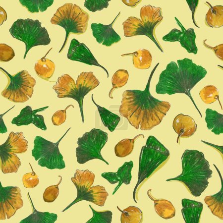 Photo for Beautiful Gingko Leaves on yellow background. Raster seamless background. Green, yellow, and orange Gingko leaves and fruits. Nature seamless background - Royalty Free Image