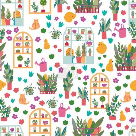 Blooming greenhouses vector seamless pattern. Spring garden with greenhouse, cats, and flowers.
