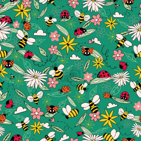 Téléchargez les photos : Coccinelles vertes et abeilles fond de motif sans couture. Modèle d'été avec des fleurs et des insectes. Doodle bugs pattern. Été motif floral fond - en image libre de droit