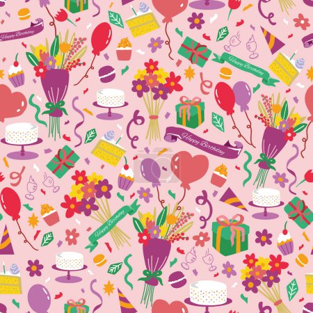 Illustration for Pink Birthday Party seamless background pattern. Happy birthday vector pattern with flowers, balloons, gifts, and cakes. Vector pattern - Royalty Free Image