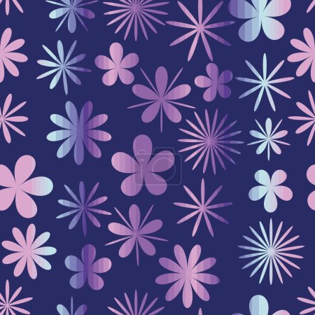 Téléchargez les illustrations : Fleurs lumineuses bleues motif vectoriel sans couture Différentes formes de fleurs en violet, bleu et rose. Modèle vectoriel floral - en licence libre de droit