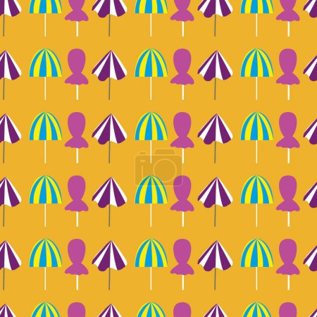 Illustration for Orange striped beach umbrellas seamless vector pattern. Small colored parasols at the beach, summer vector pattern. Summertime goodvibes vector background. - Royalty Free Image