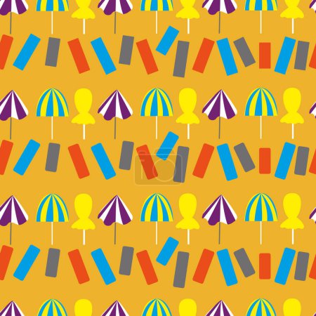 Illustration for Orange striped beach umbrellas and beach towels seamless vector pattern. Small colored parasols at the beach, summer vector pattern. Summertime goodvibes vector background. - Royalty Free Image