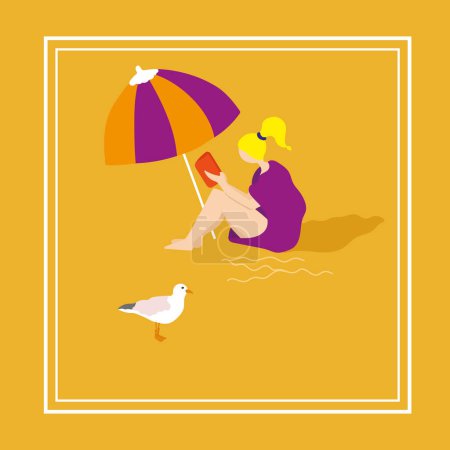 Illustration for A Woman at the beach vector illustration. Woman enjoying the beach, reading a book, summer digital illustration. Woman with striped parasol on an orange background.. Summertime goodvibes vector - Royalty Free Image