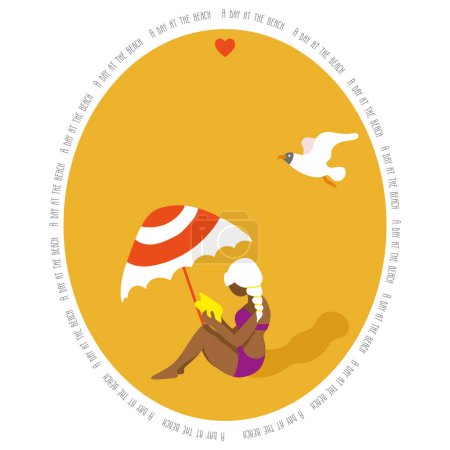 Illustration for A Woman at the beach with white hairs and purple bathsuit vector illustration. Woman enjoying the beach, reading a book, summer digital illustration. Woman with striped parasol on an orange background - Royalty Free Image