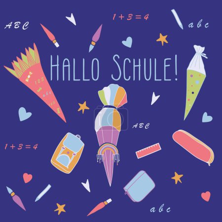 Illustration for Vector dark blue First day of school illustration with pencil case, rulers, pens, and the traditional German Schultute. Every kids in Germany receive a School cone, called Schultute, for their first - Royalty Free Image
